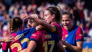 Las jugadoras del Barça celebran el tanto de Ewa Pajor contra el Deportivo de la Coruña