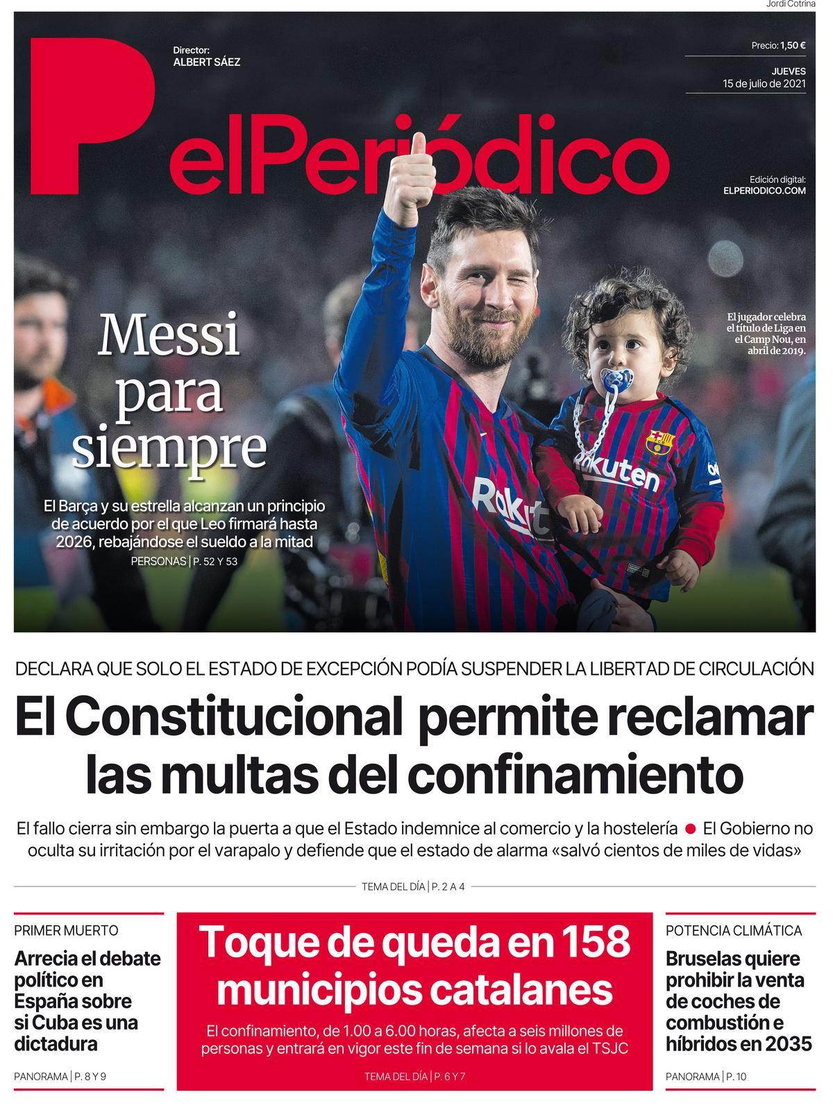 La portada d’EL PERIÓDICO del 15 de juliol del 2021