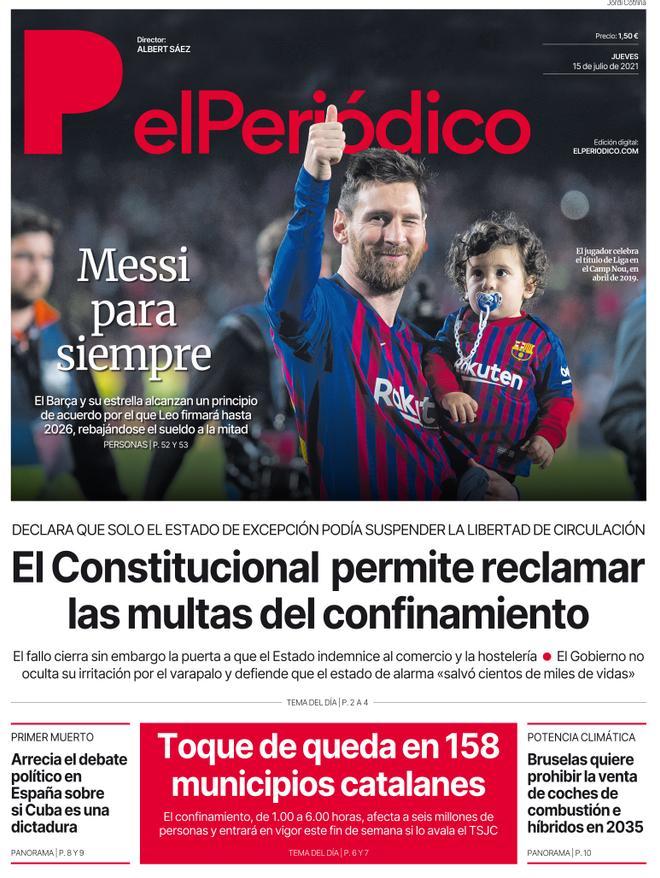 La portada d’EL PERIÓDICO del 15 de juliol del 2021