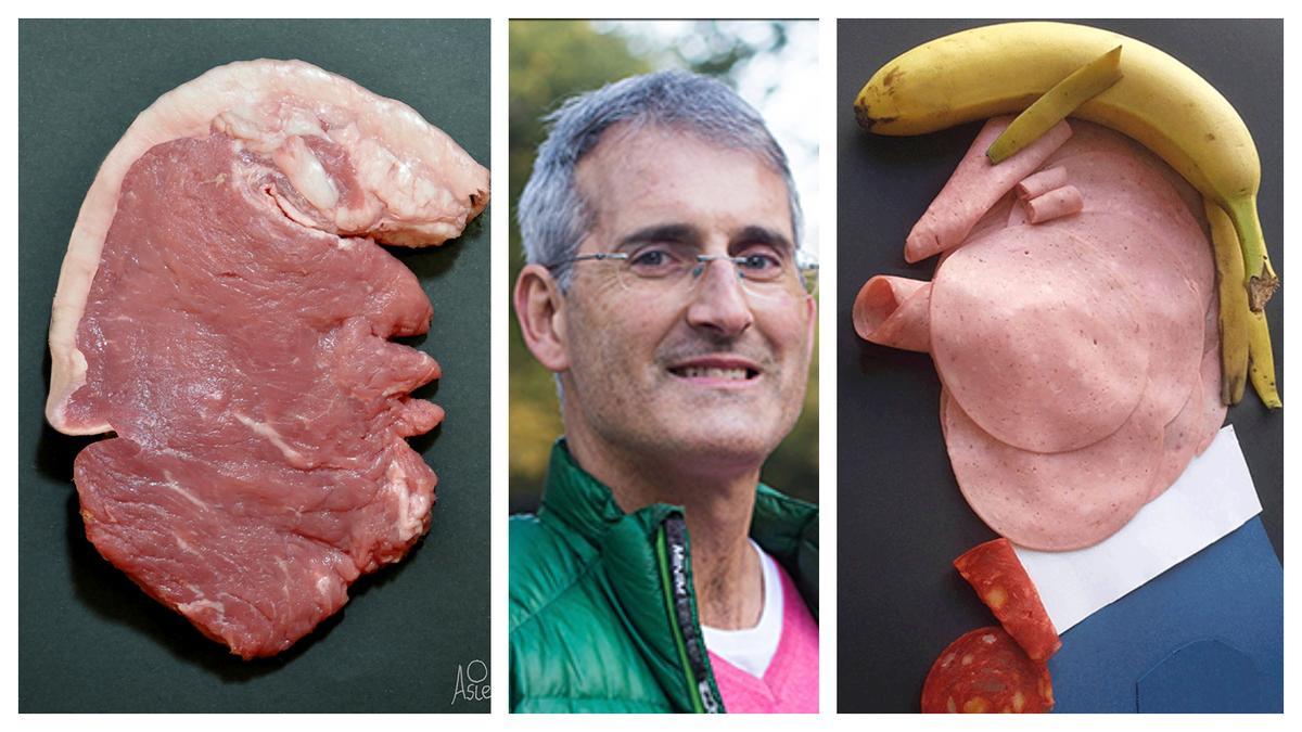 Asier Sanz, entre dos de sus más populares caricaturas de Donald Trump