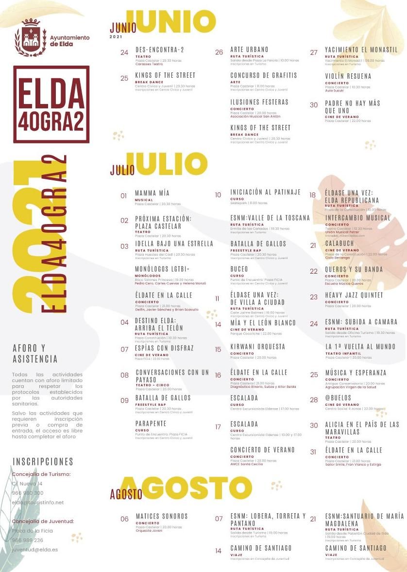 El programa de actividades para los meses de junio, julio y agosto en Elda.