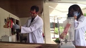 Els emprenedors Ana Belén Pedroche i Francisco de Vicente destrueixen la ’B’ del premi Bitácoras en una batedora, a través del canal ’Tu posicionamiento web’.