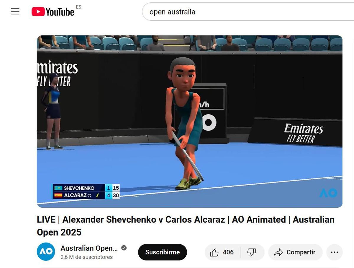 Captura de pantalla de la emisión en directo del Australian Open durante el partido de Carlos Alcaraz.