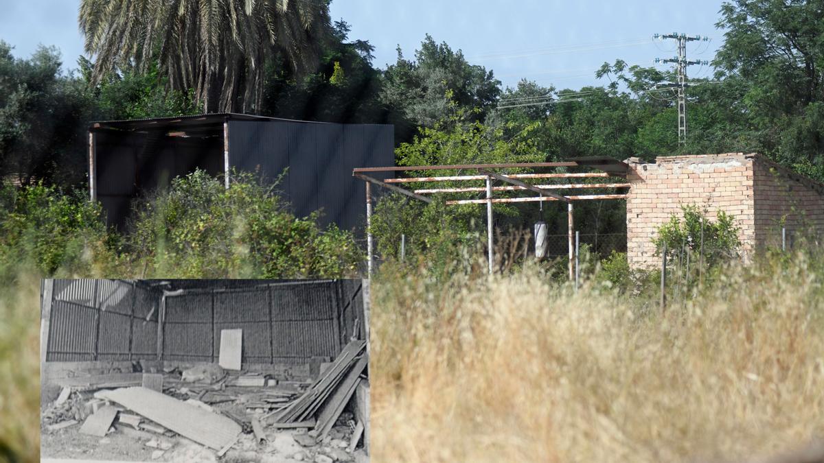 Exterior de la construcción de Espinardo; en la foto pequeña, interior del lugar, horas después de la violación denunciada.