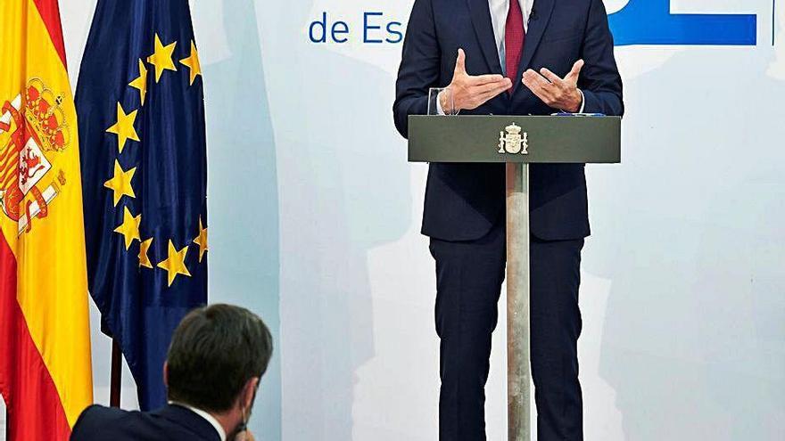 Pedro Sánchez, durante su rueda de prensa de ayer en Bruselas.