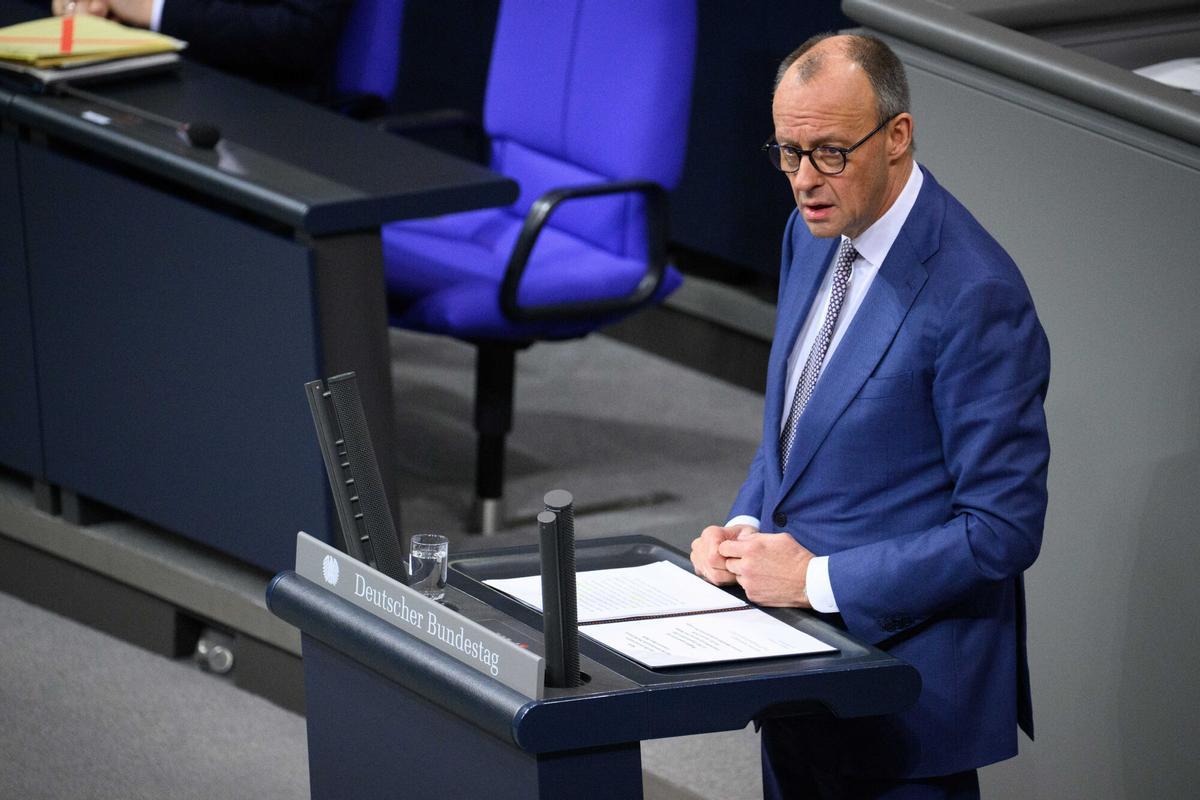 El canciller alemán, Friedrich Merz, este jueves durante su intervención en el Bundestag.
