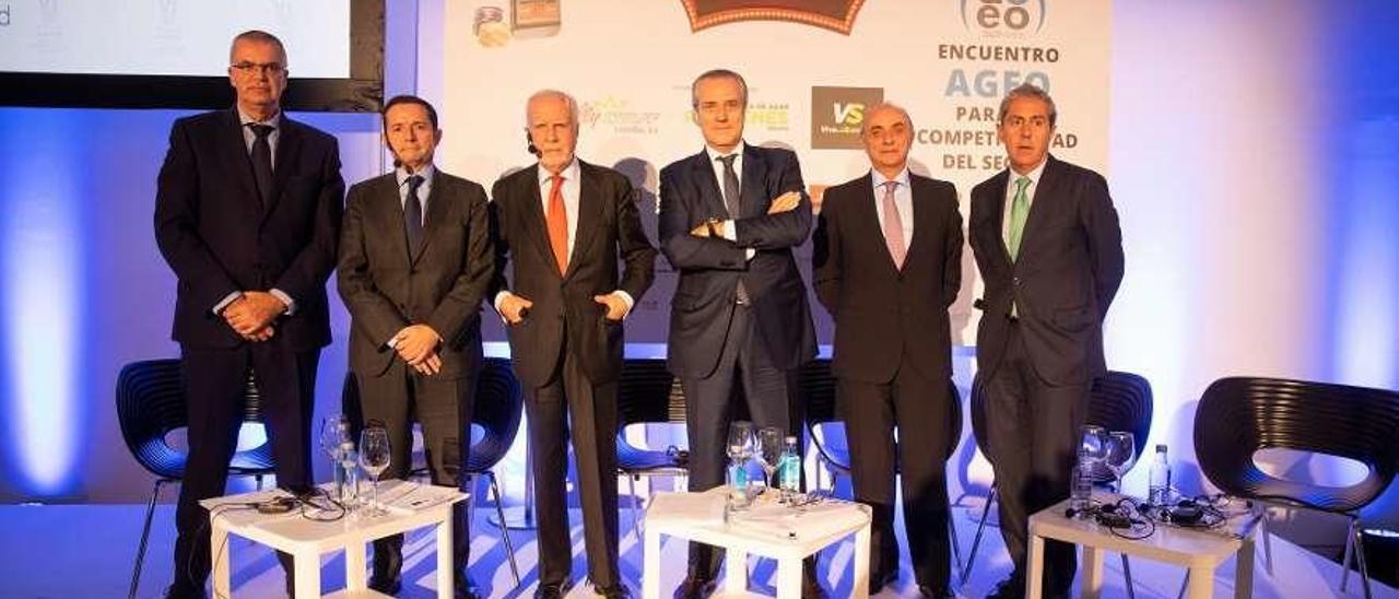 Santiago Villanueva, desde la izquierda, Serafín Portas, Juan Santamaría, Santiago Moreno, Miguel García Campos y José Sánchez-Fayos, ayer en la Cidade da Cultura en el congreso de AGEO. // O. Corral