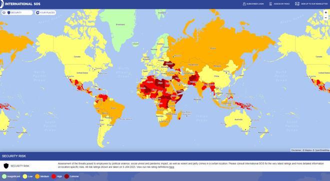 Mapa, países más peligrosos del mundo, International SOS