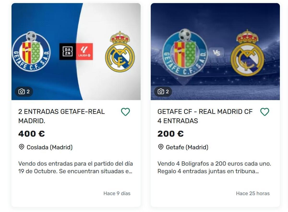Algunas de las propuestas de venta de entradas para el Getafe - Real Madrid del domingo.