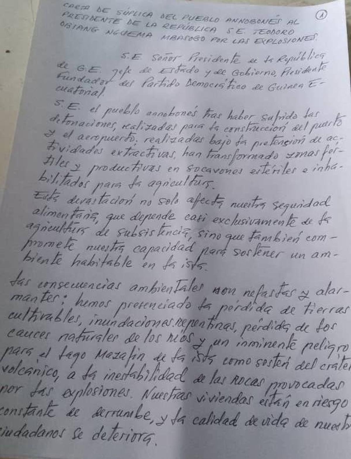 Carta que enviaron varios annoboneses a Teodoro Obiang