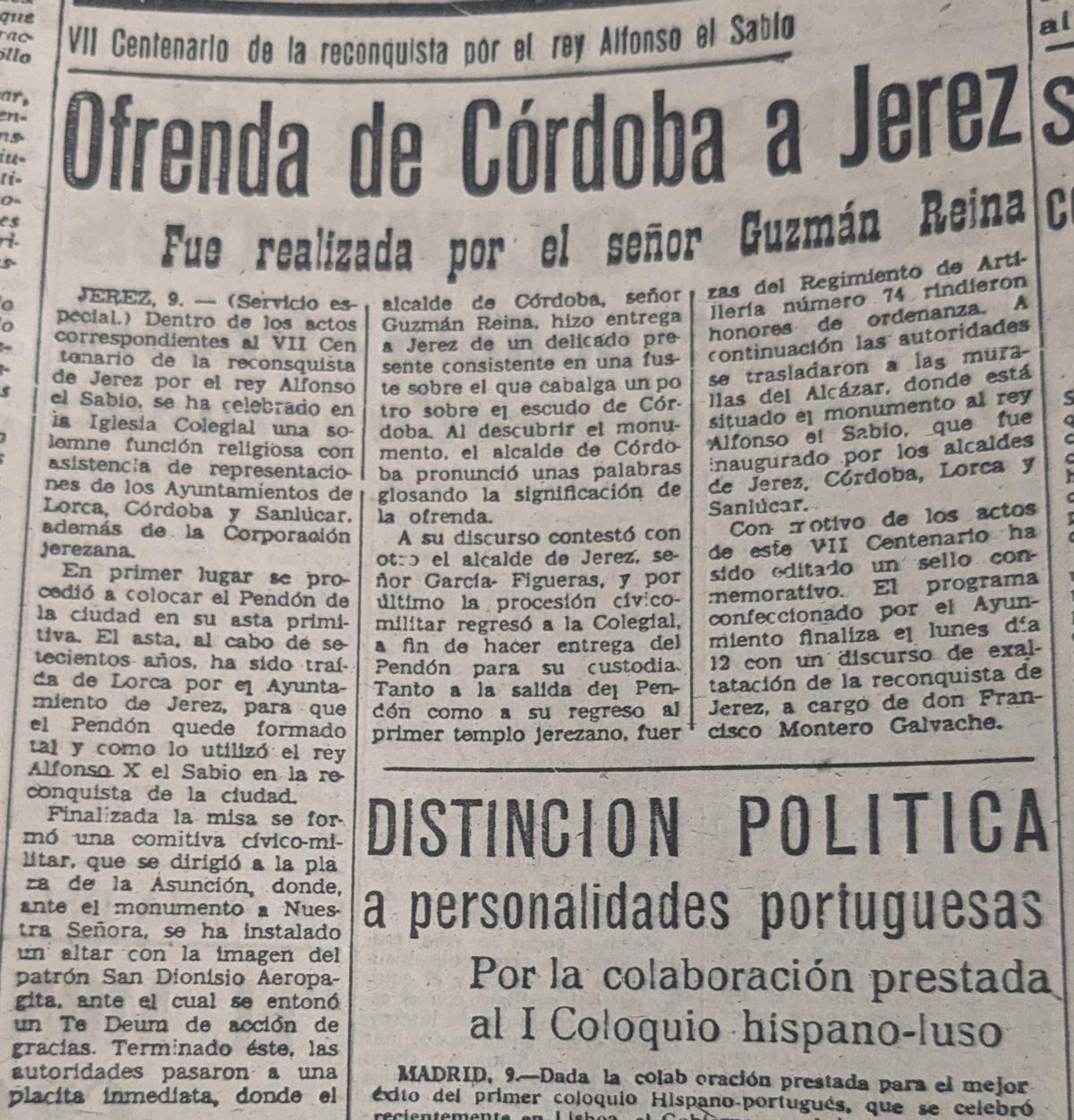 Artículo de Diario CÓRDOBA el 10 de octubre de 1964 tras la entrega de la estatua a Jerez.