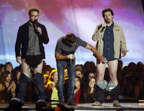 Presenters for the best shirtless performance, Seth Rogen, Zac Efron and Danny McBride, have a best bottomless competition at the 2013 MTV Movie Awards in Culver City
