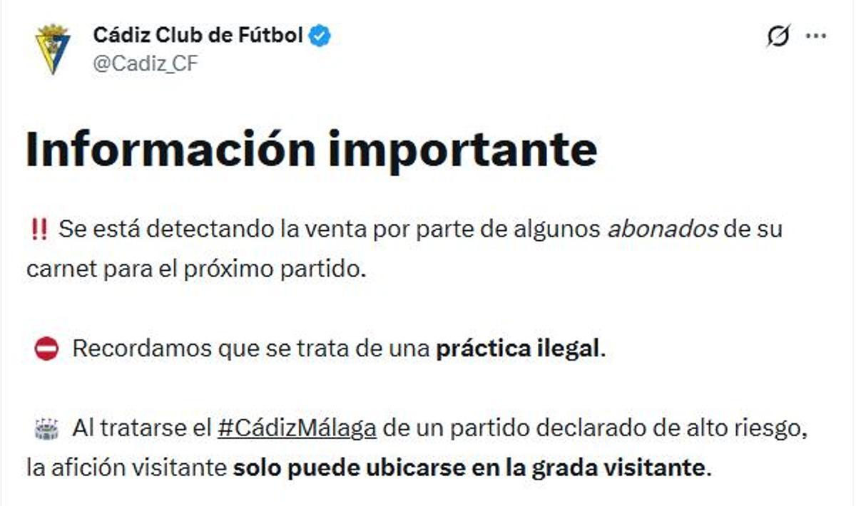 El Cádiz CF avisa a sus aficionados sobre la reventa de abonos para el partido contra el Málaga CF.