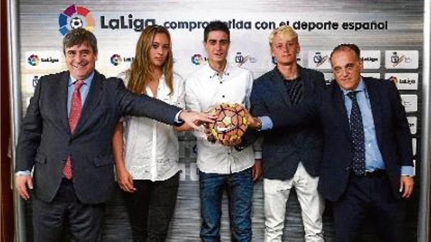 Miguel Cardenal, Paula Badosa, Joel González, Nicola Khun  i Javier Tebas, ahir a Madrid.