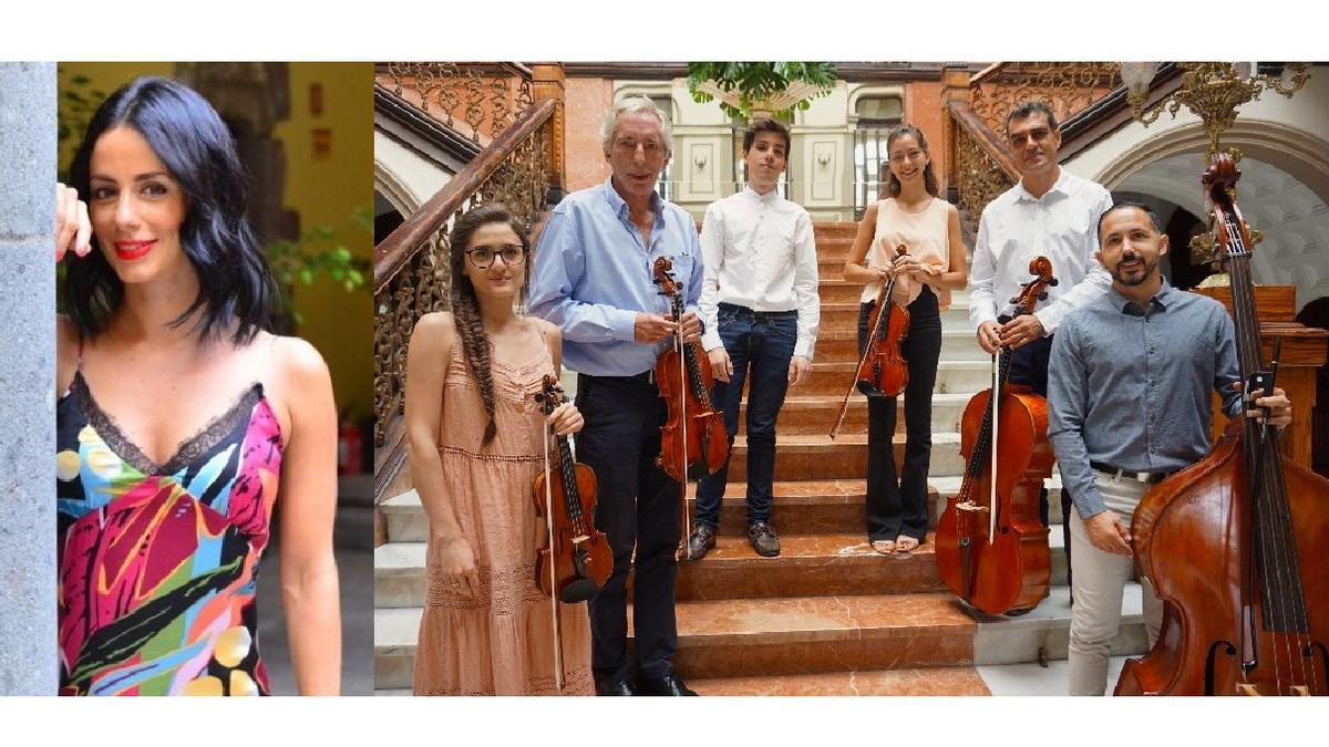 La soprano Magdalena Padilla, junto a los miembros de El Quinteto de Cuerda de Gran Canaria y el pianista Víctor Naranjo.