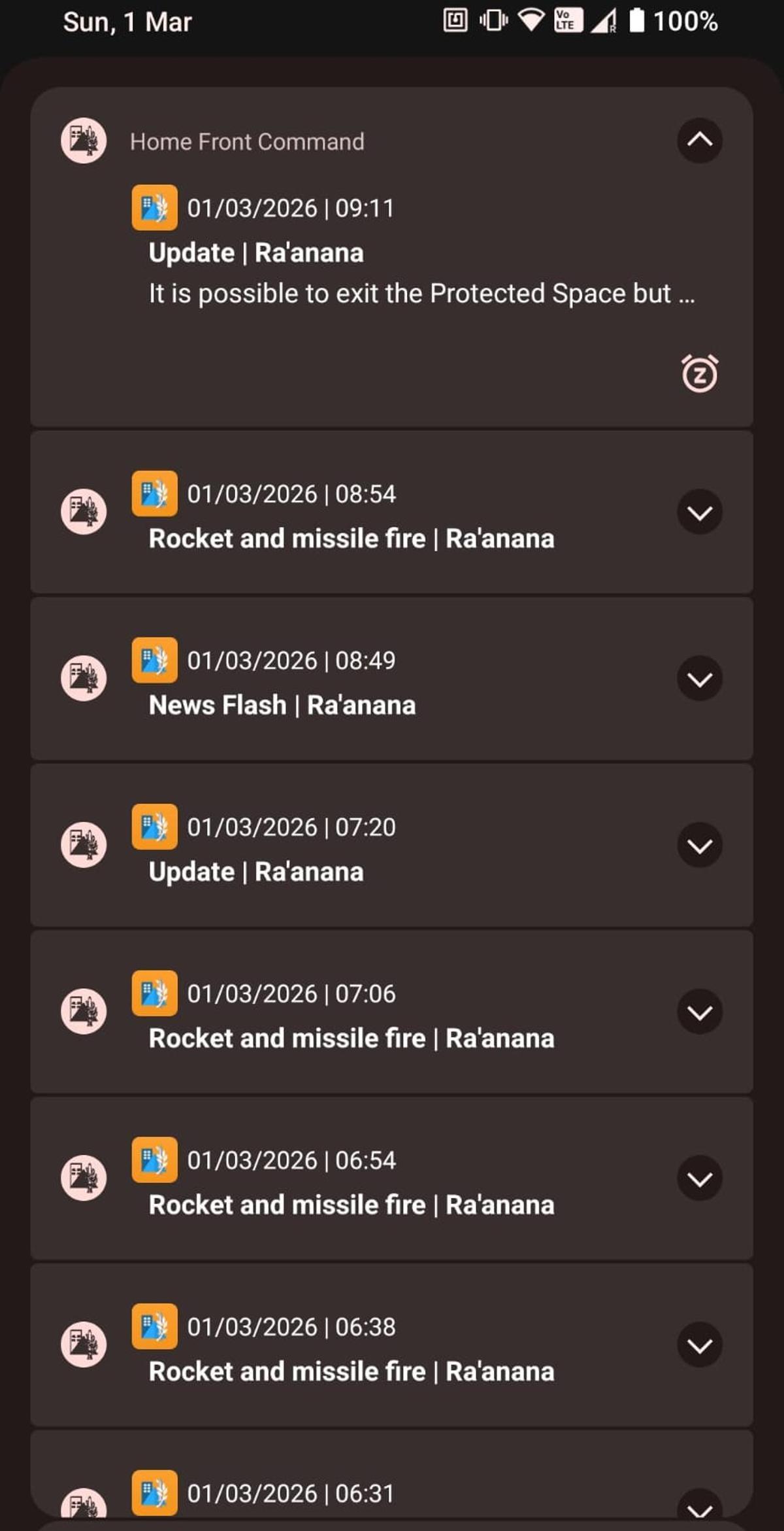 Alertas de seguridad en la aplicación del móvil sobre ataques desde Irán.