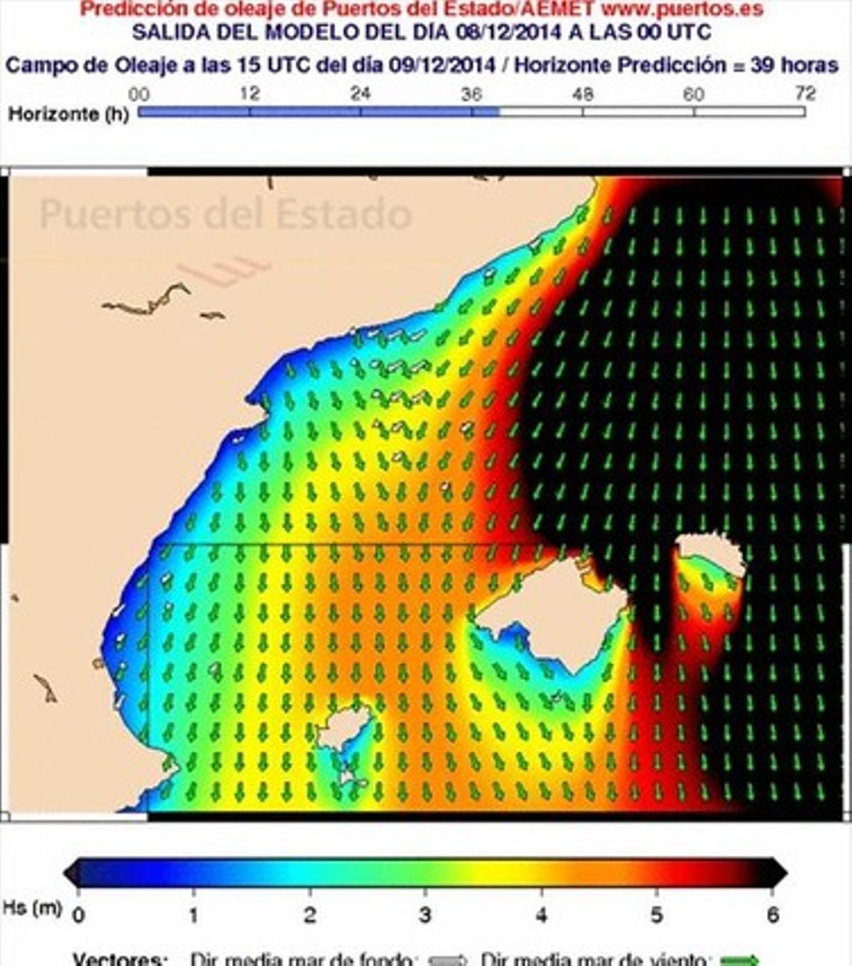 Previsió de direcció i altura de les onades al Mediterrani occidental per demà, 9 de desembre, a les 16.00 hores. Previsió de direcció i altura de les onades al Mediterrani occidental per demà, 9 de desembre, a les 16.00 hores.