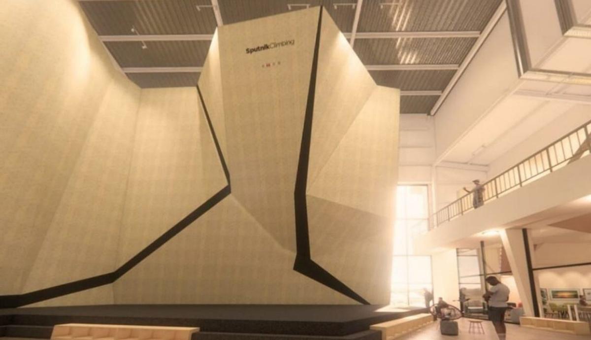 Tres detalles de interiores y exteriores del futuro centro de escalada según infografías de la promotora.