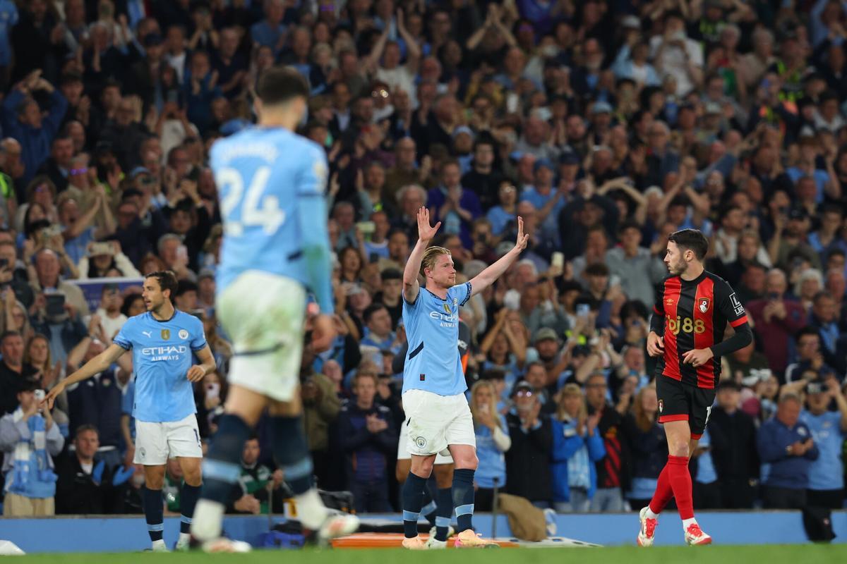 El medio belga Kevin De Bruyne durante el partido de la Premier League que han jugado Manchester City y AFC Bournemouth, en Manchester, Reino Unido. EFE/EPA/ASH ALLEN. EDITORIAL USE ONLY. No use with unauthorized audio, video, data, fixture lists, club/league logos, 'live' services or NFTs. Online in-match use limited to 120 images, no video emulation. No use in betting, games or single club/league/player publications