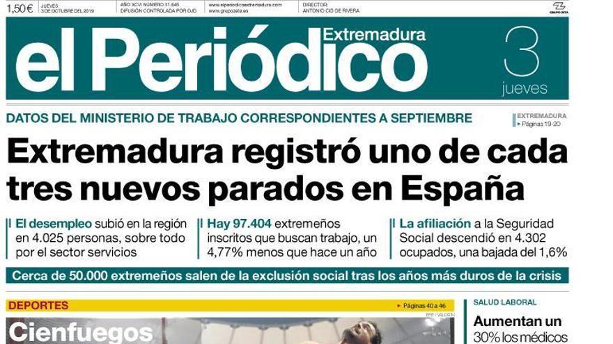 Esta es la portada de EL PERIÓDICO EXTREMADURA correspondiente al día 3 de octubre del 2019