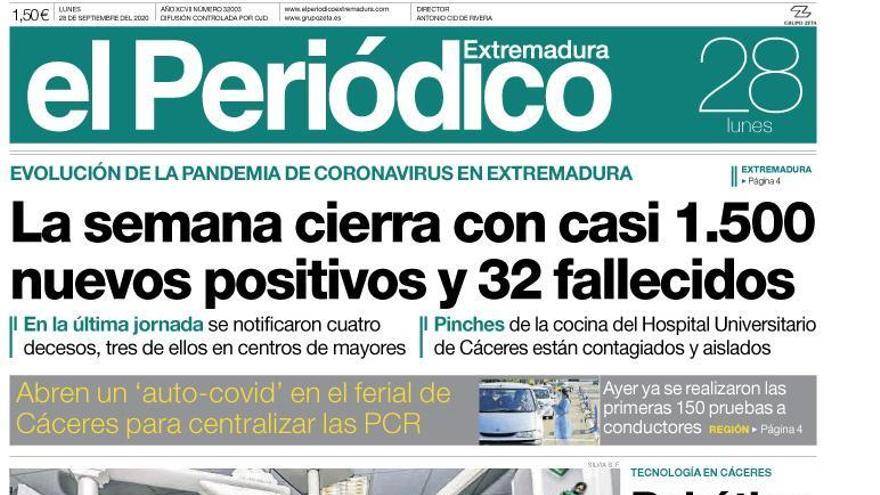 Esta es la portada de EL PERIÓDICO EXTREMADURA correspondiente al día 28 de septiembre del 2020