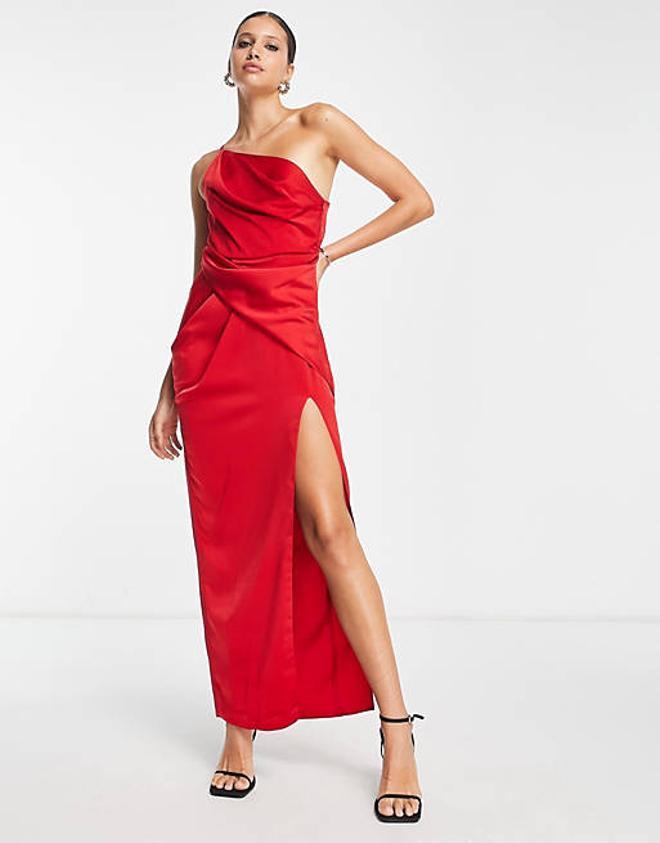 Vestido midi rojo asimétrico de tirantes con abertura de Asos