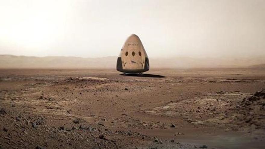 Recreación de una nave Dragon de Space X en Marte.