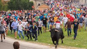 fcasals35507503 festival goers run past a bull during the  toro de la pena  160913132240