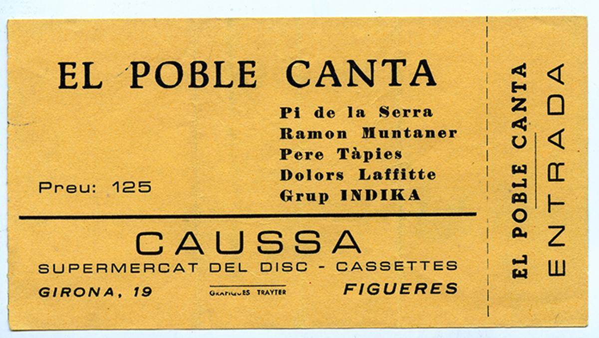 Una entrada d'aquell concert del 20 d'agost de 1976 que costava 125 pessetes i es podia comprar a Can Caussa, a Figueres, entre altres punts.