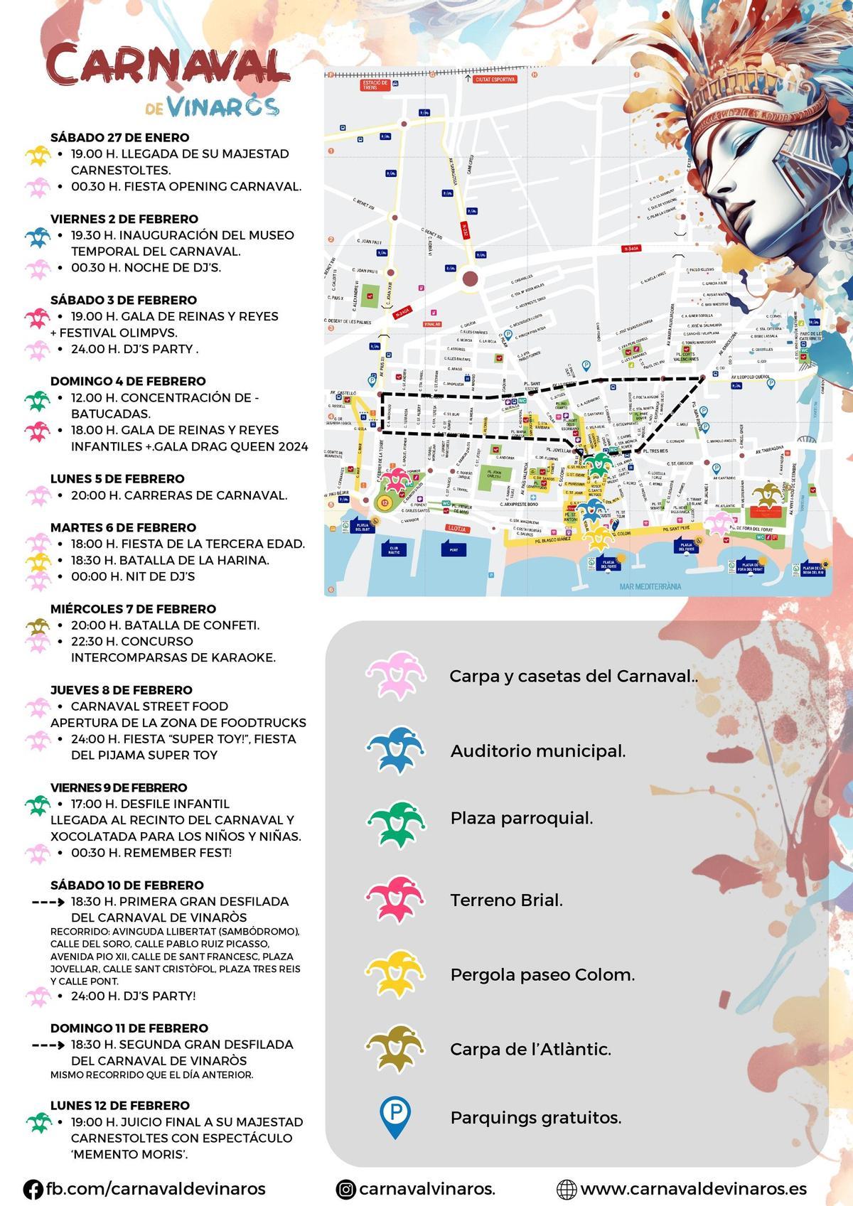 Mapa con las mejores ubicaciones para aparcar durante el Carnaval de Vinaròs.