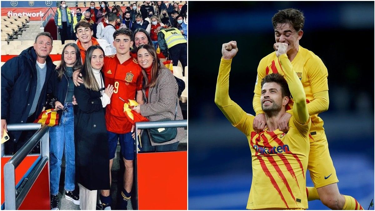 Gavi con su familia, y Gavi con Piqué en el Barça