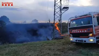 Els Bombers treballen per apagar un foc en unes canyes agrícoles a Santpedor