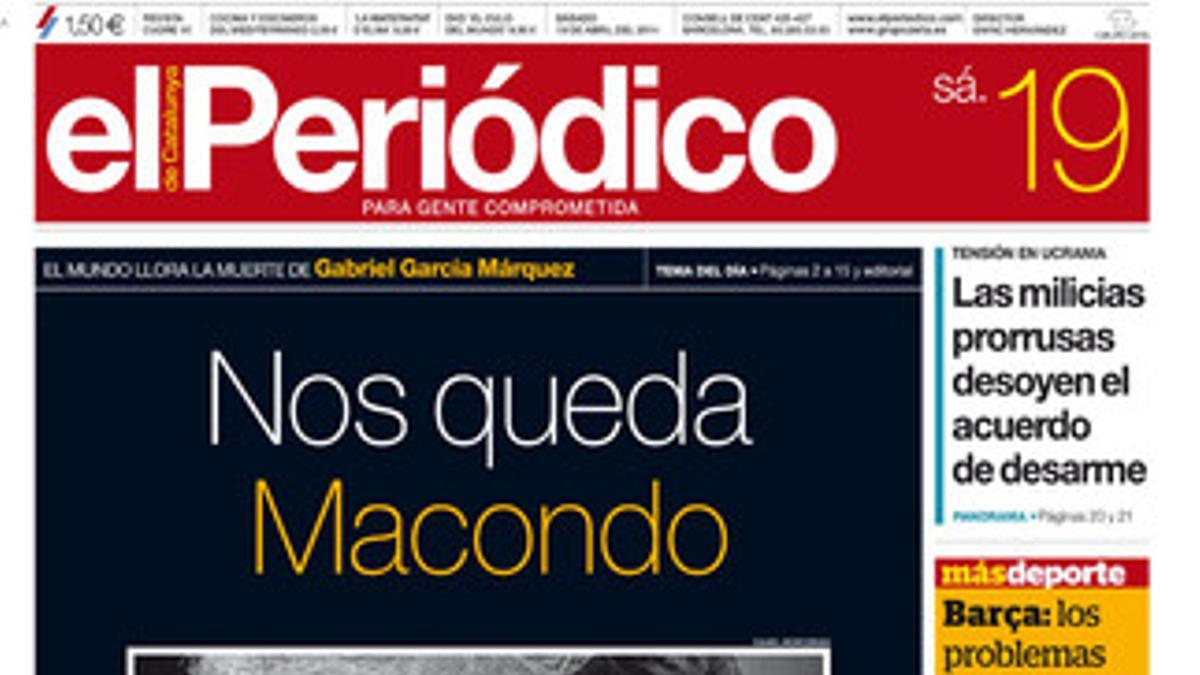 La portada de EL PERIÓDICO (19-4-2014).