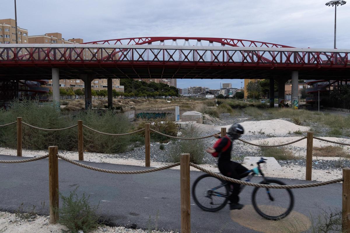 Un ciclista pasa por uno de los pasos peatonales junto al Puente Rojo.