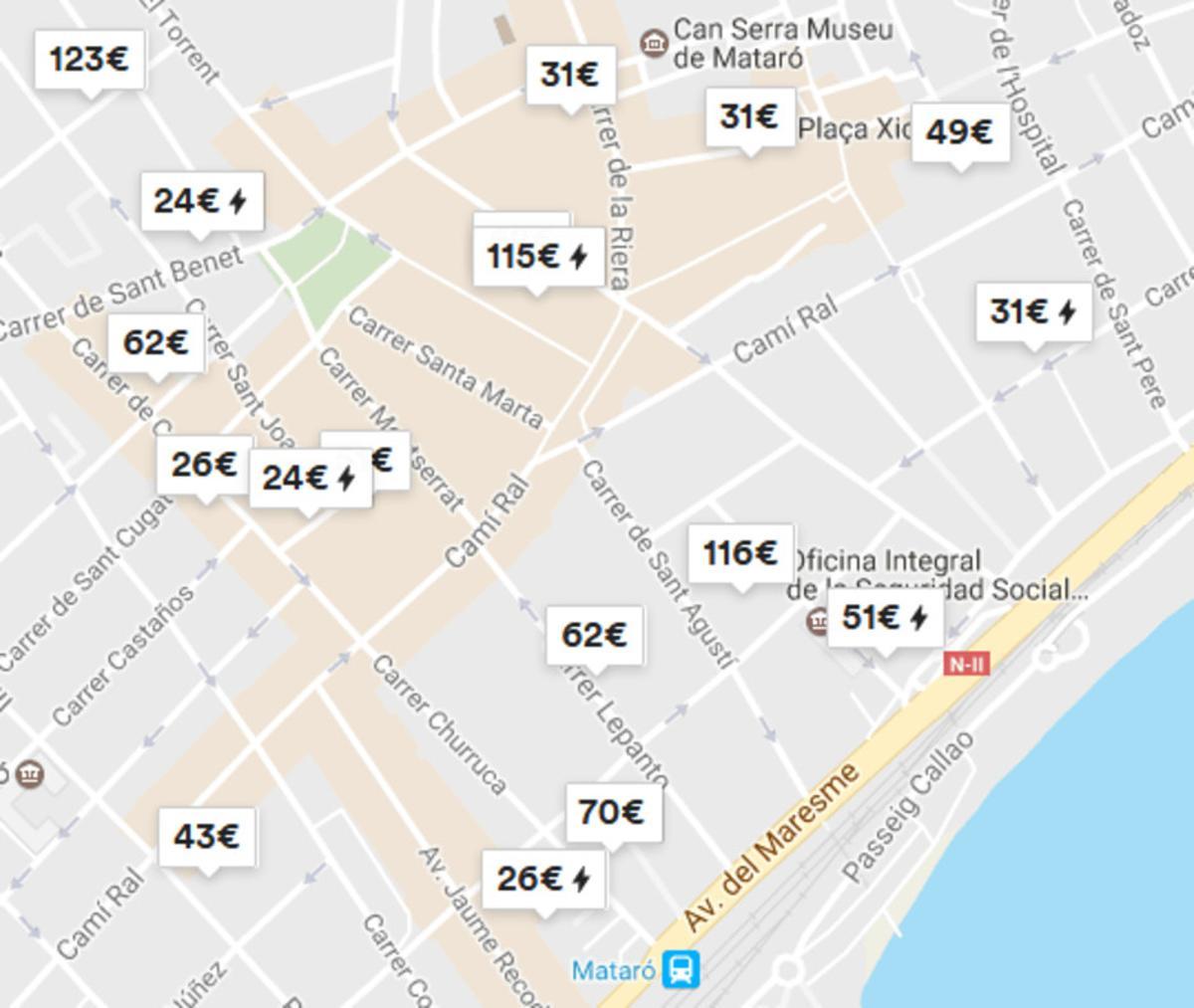 Captura de pantalla del mapa d’ofertes d’Airbnb al centre de Mataró