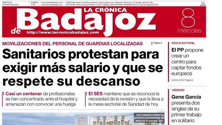 Esta es la portada de LA CRÓNICA DE BADAJOZ correspondiente al día 8 de mayo del 2019