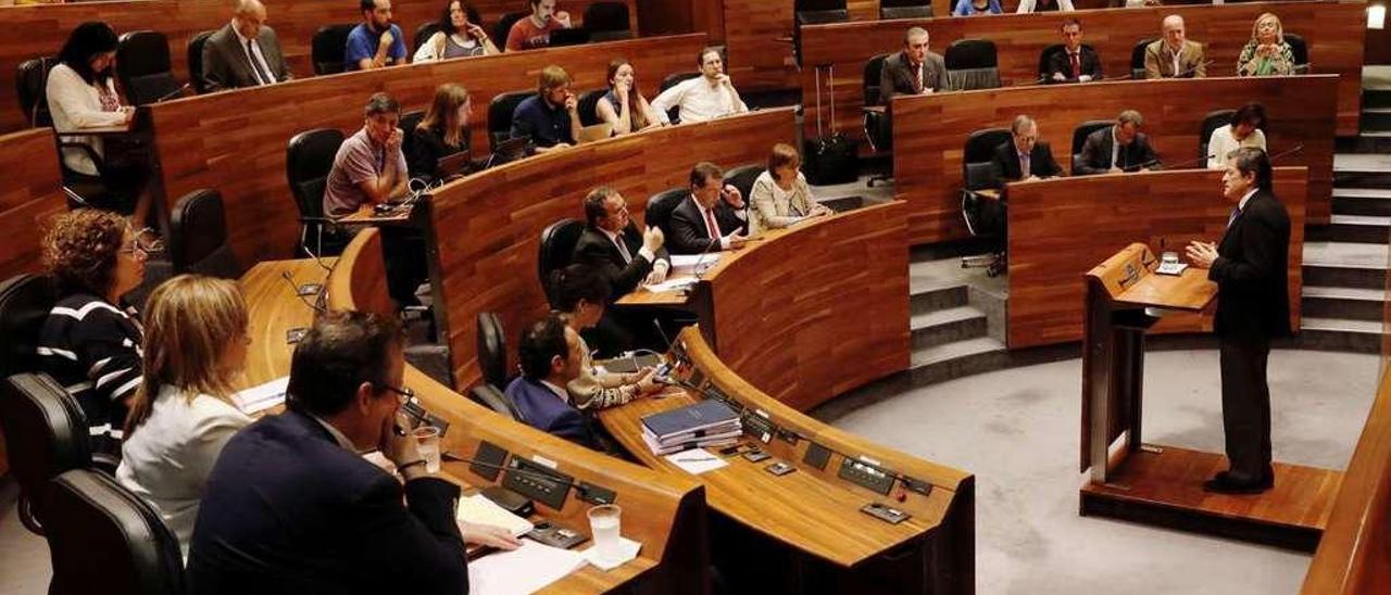 En el centro, ocho diputados del grupo de Podemos, en la segunda y tercera fila del hemiciclo de la Junta, en una intervención del Presidente.