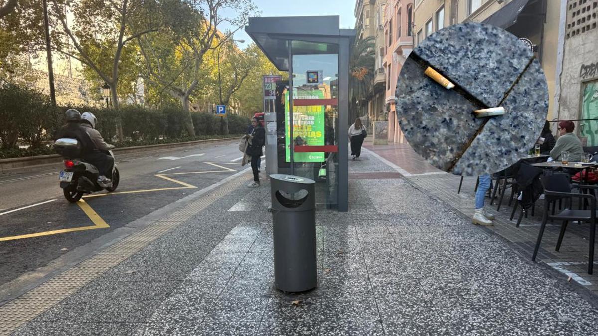 Los lugares donde más colillas se acumulan son las paradas del transporte público donde los ciudadanos arrojan las colillas al suelo incluso teniendo papeleras adaptadas cerca