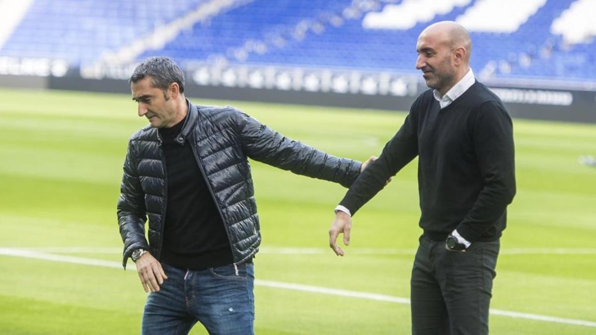 Valverde y Abelardo se despiden de su encuentro matinal en Cornellà-El prat,