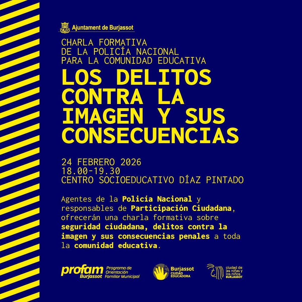Cartel de la charla formativa de la Policía Nacional para la comunidad educativa.