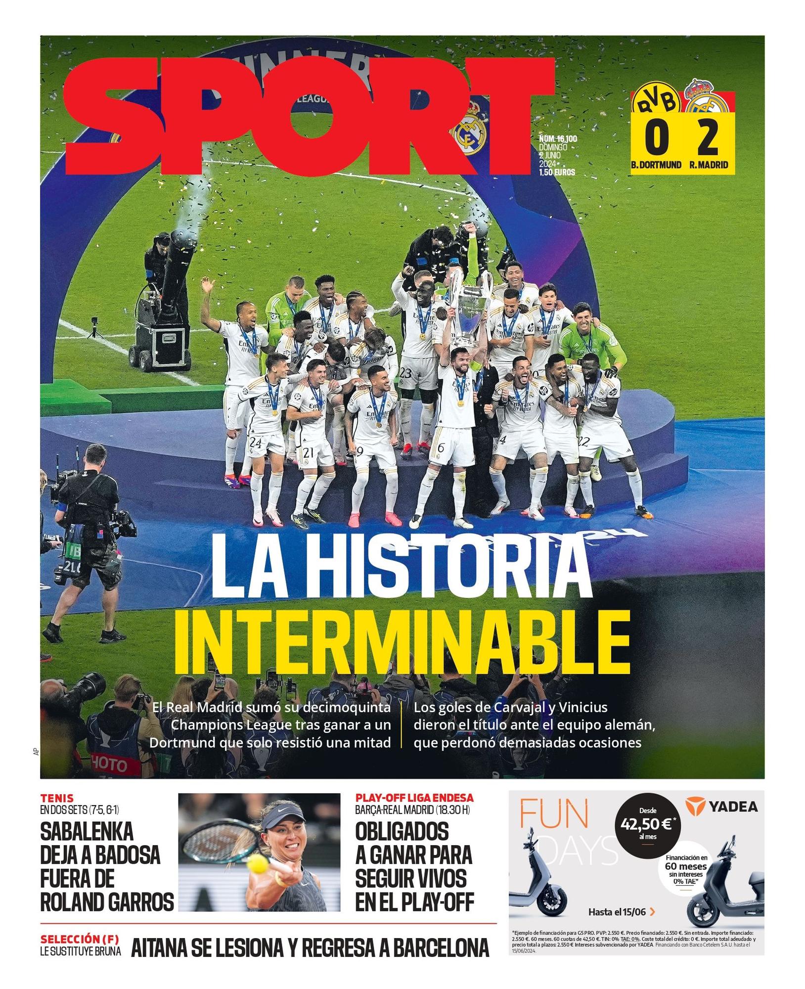 Esta es la portada SPORT de hoy, domingo 2 de junio de 2024