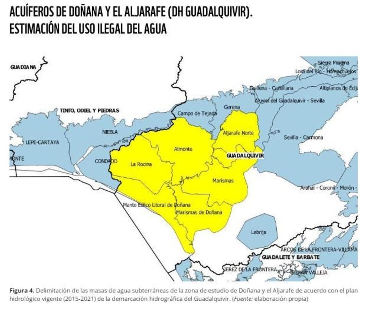 Mapa de los acuíferos de Doñana y Aljarafe y los aledaños, de donde captan agua las fincas investigadas por la Fiscalía.