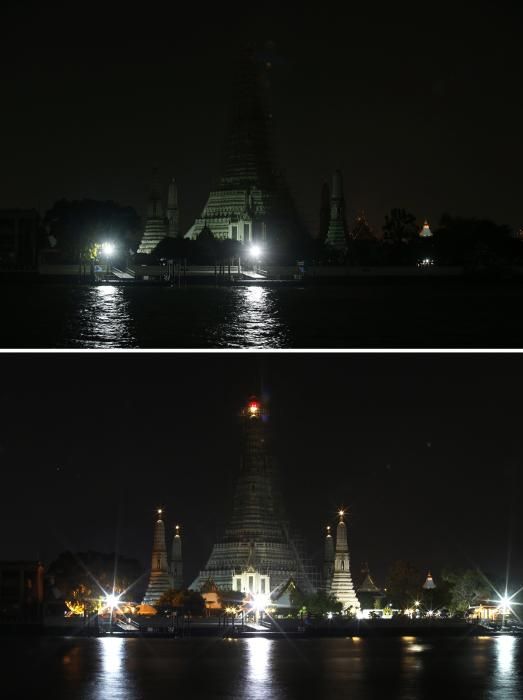 Templo Wat Arun durante la hora del planeta en Bangkok, Tailandia.