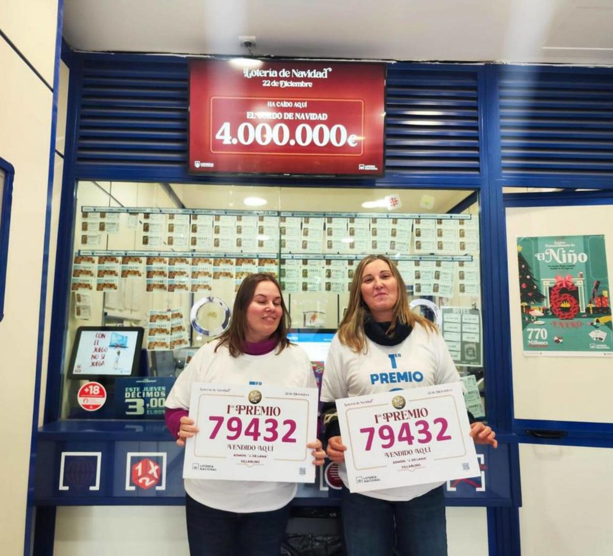 Alicia Álvarez y Mónica Menéndez enseñan el cartel con el número premiado.  | A. G.-O.