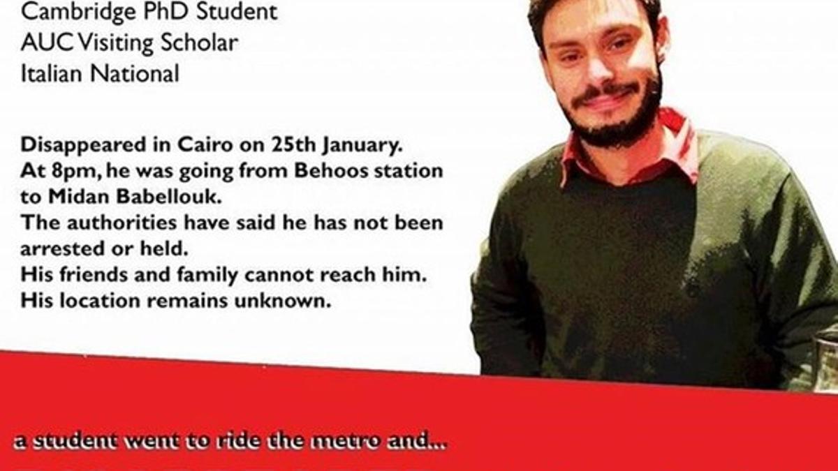 Imagen del joven Regeni colgada en internet denunciando la desaparición en El Cairo.