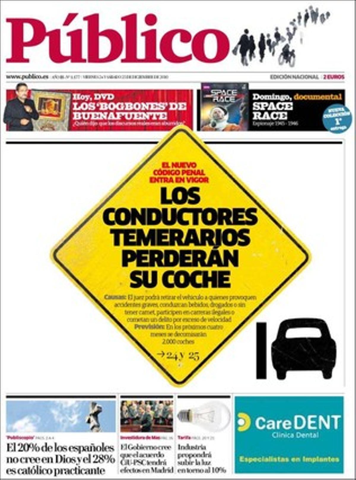 ’Público’ destaca a més que un de cada cinc espanyols és ateu o no creient, que només el 28% es declara catòlic practicant i que els més grans de 60 anys, amb un 90,4% de creients, sustenten l’Església catòlica. També que Assage difondrà milers de secrets sobre Israel, i que atribueix la falta de despatxos sobre l’Estat jueu als cinc diaris que tenen l’exclusiva; que la policia marroquina mata a trets un jove sahrauí a Aaiun; i els disturbis a Múrcia per una altra tisorada als funcionaris.
