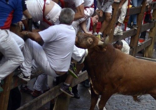 Runners are gored by a Miura fighting bull at the San Fermin festival in Pamplona