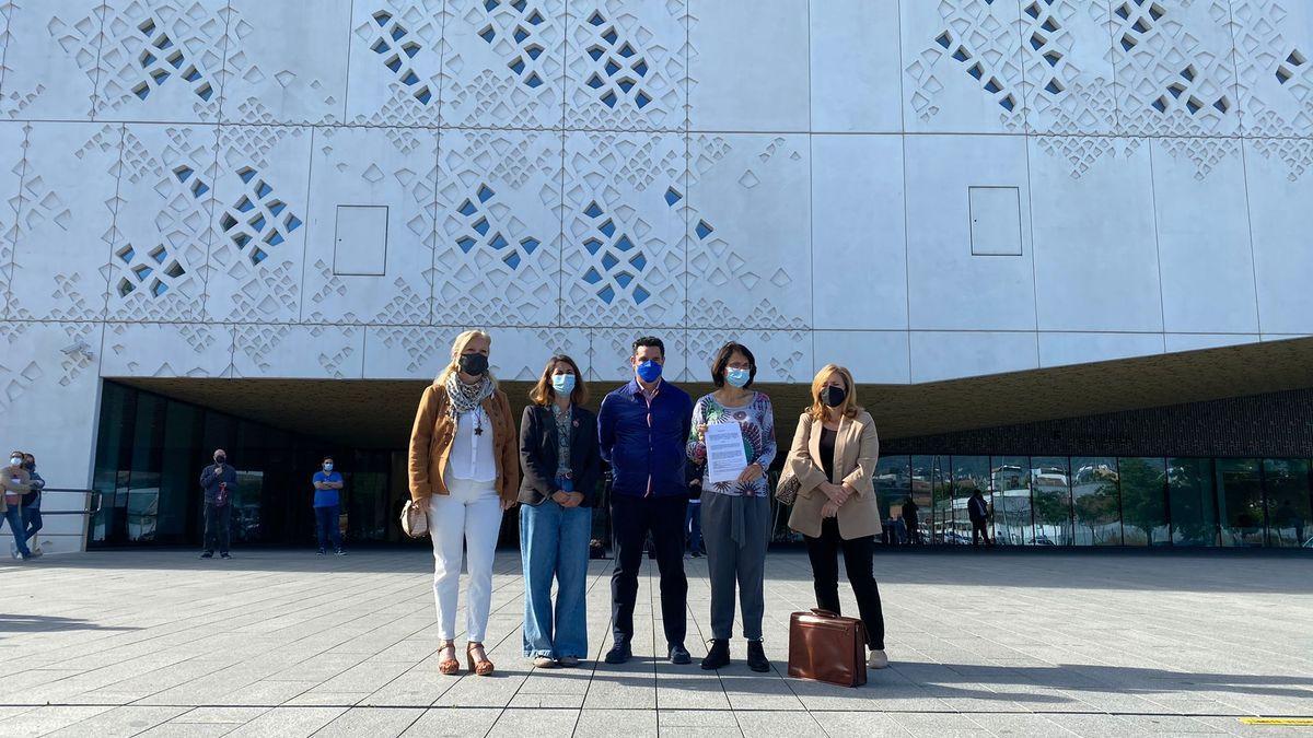 Los representantes de IU y Podemos, junto a la abogada, a las puertas de la Ciudad de la Justicia cuando presentaron su denuncia.