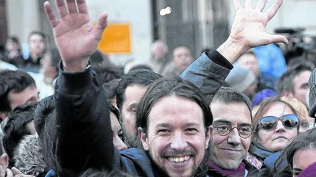 Pablo Iglesias y Juan Carlos Monedero, en la manifestación de Podemos del 31 de enero en Madrid.