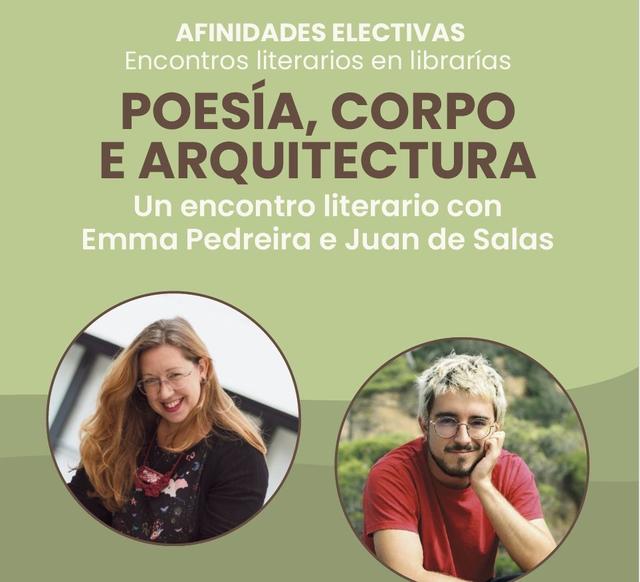 O cartel de "afinidades electivas" co encontro en Bueu de Emma Pedreira e Juan de Salas, organizado pola Libraría Boulevar.